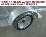 MUDGUARD-GALVANISED STEEL FOR SINGLE AXLE + NON SKID STEP TO SUIT 13"& 14" WHEELS