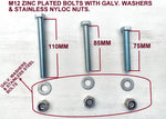 BOLTS- 'M12 X ZINC PLATED 8.8 GRADE BOLT WITH GALVANIZED WASHERS & NYLOC STAINLESS STEEL NUTS.