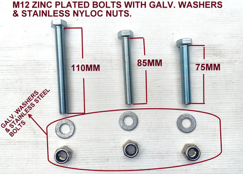 BOLTS- 'M12 X ZINC PLATED WITH GALVANIZED WASHERS & NYLOC STAINLESS STEEL NUTS.