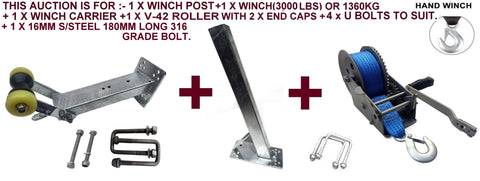 WINCH POST-525MM TALL (70MM X 70MM) + CARRIER + WINCH(3000LBS) WITH END CAPS FOR BOAT TRAILERS