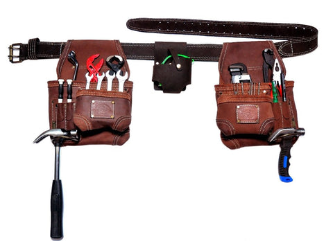 TOOL BELT-LEATHER DOUBLE POUCH TOOL BELT DOUBLE WITH 4 POCKETS SLIDABLE ON BELT
