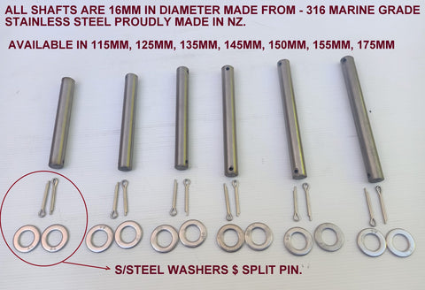 115MM TO 175MM, 16MM -316 MARINE GRADE STAINLESS PINS/SHAFT FOR BOAT TRAILERS ROLLERS