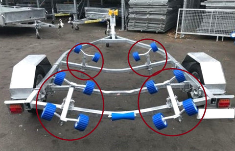 2 X QUARD SET WITH 345MM ROLLER ARM + 2 X DUAL WOBBLE SET FOR LARGE or MEDIUM BOAT TRAILER.