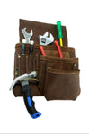 TOOL BELT WITH 2 X HEAVY DUTY LEATHER BROWN POUCHES & PADDED SUSPENDERS/HARNESS.