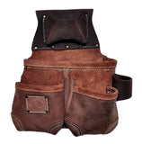 TOOL BELT WITH 2 X HEAVY DUTY LEATHER BROWN POUCHES & PADDED SUSPENDERS/HARNESS.