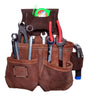 TOOL BELT WITH 2 X HEAVY DUTY LEATHER BROWN POUCHES & PADDED SUSPENDERS/HARNESS.