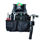 TOOL BELT WITH 2 X HEAVY DUTY LEATHER BLACK POUCHES & PADDED SUSPENDERS/HARNESS.