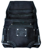 TOOL BELT WITH 2 X HEAVY DUTY LEATHER BLACK POUCHES & PADDED SUSPENDERS/HARNESS.