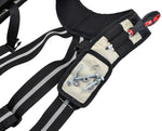 TOOL BELT WITH 2 X HEAVY DUTY LEATHER BLACK POUCHES & PADDED SUSPENDERS/HARNESS.