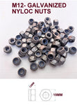 GALVANISED WASHERS & M12 NYLOC NUTS.