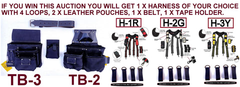 TOOL BELT WITH 2 X HEAVY DUTY LEATHER BLACK POUCHES & PADDED SUSPENDERS/HARNESS.