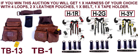 TOOL BELT WITH 2 X HEAVY DUTY LEATHER BROWN POUCHES & PADDED SUSPENDERS/HARNESS.