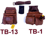 TOOL BELT WITH 2 X HEAVY DUTY LEATHER BROWN POUCHES & PADDED SUSPENDERS/HARNESS.