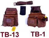 TOOL BELT WITH 2 X HEAVY DUTY LEATHER BROWN POUCHES & PADDED SUSPENDERS/HARNESS.