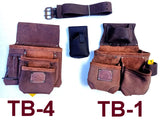 TOOL BELT WITH 2 X HEAVY DUTY LEATHER BROWN POUCHES & PADDED SUSPENDERS/HARNESS.