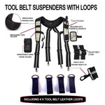 TOOL BELT WITH 2 X HEAVY DUTY LEATHER BLACK POUCHES & PADDED SUSPENDERS/HARNESS.