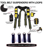 TOOL BELT WITH 2 X HEAVY DUTY LEATHER BLACK POUCHES & PADDED SUSPENDERS/HARNESS.